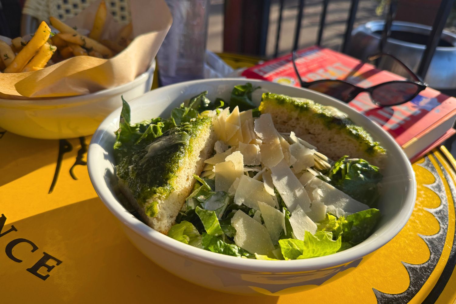 Caesar salad, garlic & herb fries and lavender Italian soda...