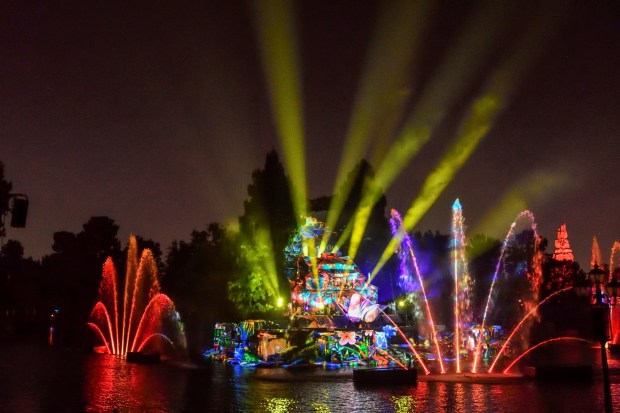 Tom Sawyer Island is lit up during Fantasmic at Disneyland in Anaheim in 2017. (File photo by Jeff Gritchen)