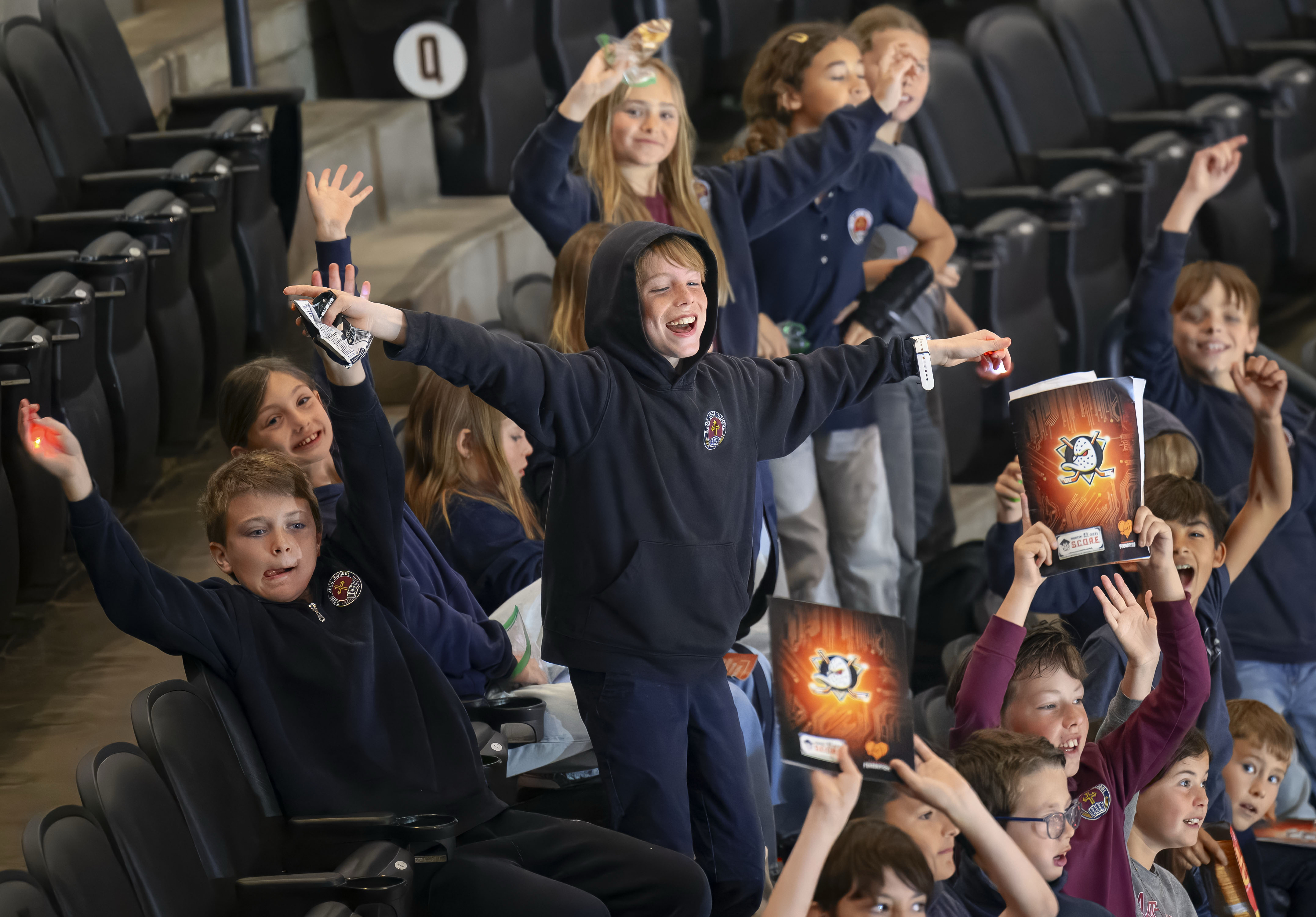 Elementary school students attend the Anaheim Ducksâ First Flight Field...