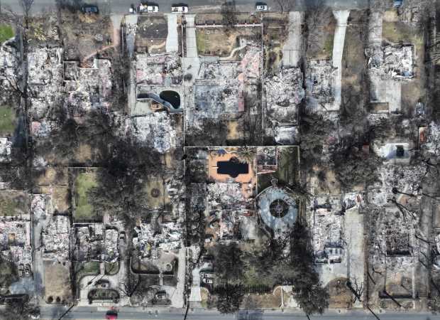 Aftermath of the Eaton Fire looking over homes between Pine Street and Altadena Drive in Altadena, CA, on Monday, February 3, 2025. (Photo by Jeff Gritchen, Orange County Register/SCNG)