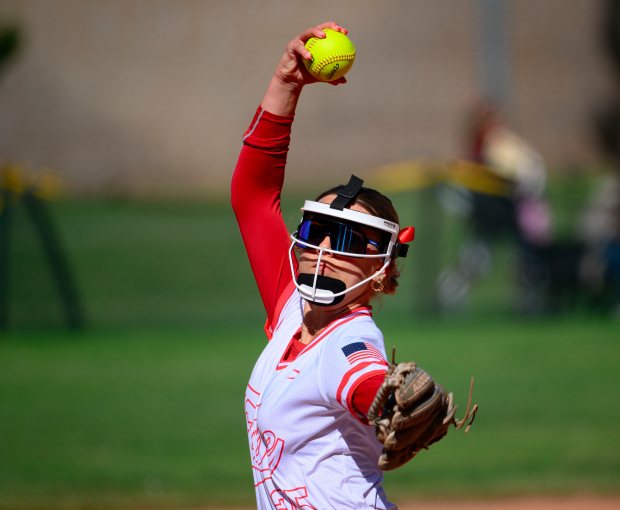 Fullerton pitcher Katelynn Mathews delivers a pitch against Pacifica in the first round of the Carew Classic softball tournament in Anaheim on Wednesday, April 2, 2025. (Photo by Paul Rodriguez, Contributing Photographer)