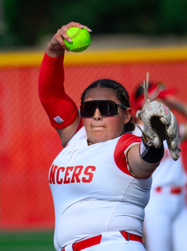 Orange Lutheran pitcher Rylee Silva warms up before facing JSerra batters in a Trinity League softball game in Orange on Friday, March 28, 2025. (Photo by Paul Rodriguez, Contributing Photographer)