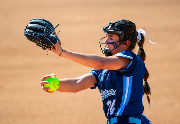 Marina's Mia Valbuena delivers a pitch against Westlake in the CIF-SS Division 3 softball championship in Irvine on Friday, May 30, 2025. (Photo by Paul Rodriguez, Contributing Photographer)