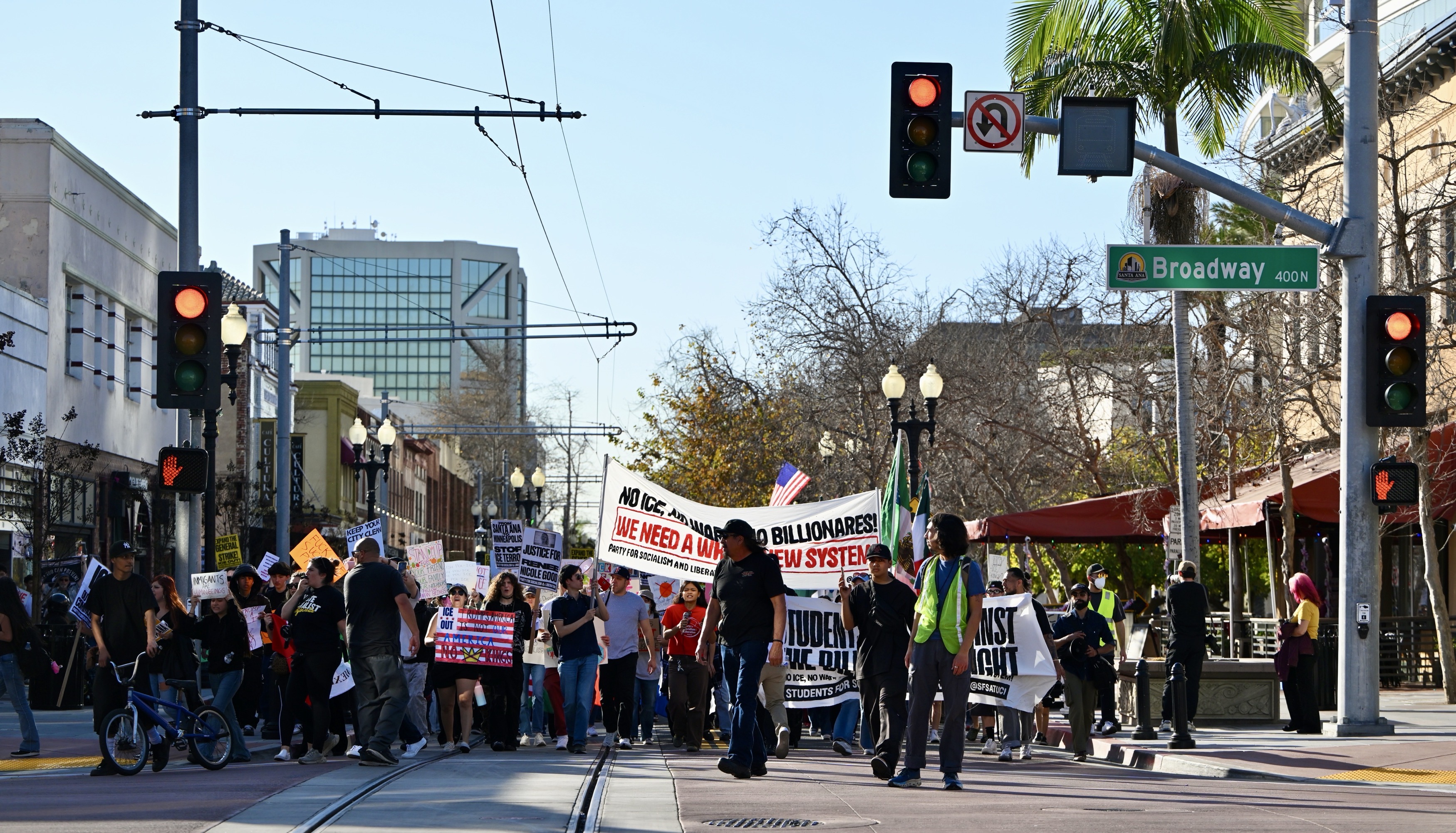 Protesters march on Broadway during a demonstration against ICE in...