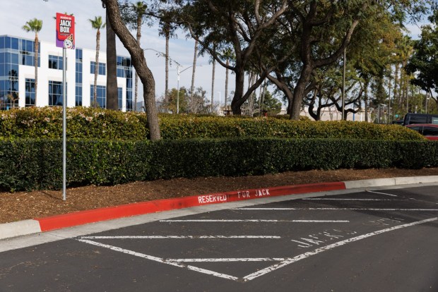 A reserved parking space for Jack Box at the Jack in the Box headquarters on Thursday, Feb. 5, 2026 in San Diego, (Kristian Carreon / The San Diego Union-Tribune)