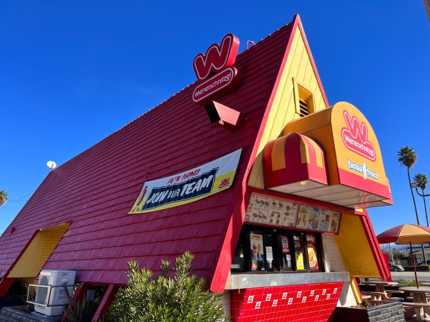 A wienerschitzel drive-thru in Riverside features the chain's original design. (2022 photo by Fielding Buck, The Press-Enterprise/SCNG)