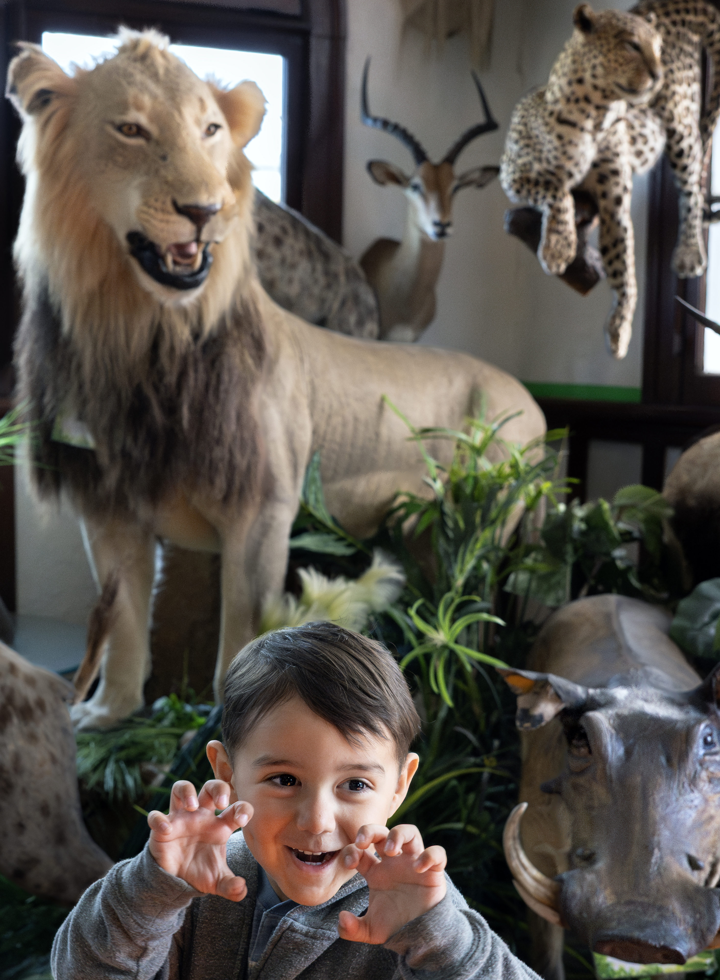 Selena Rodriguez’s 3-year-old nephew, Aaron, mimics the taxidermied animals inside...