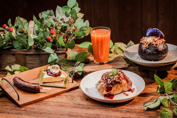 Knott's Boysenberry Festival Tasting Card menu items available at the Miner's Mac and Spuds Booth. (Courtesy of Knott's Berry Farm)