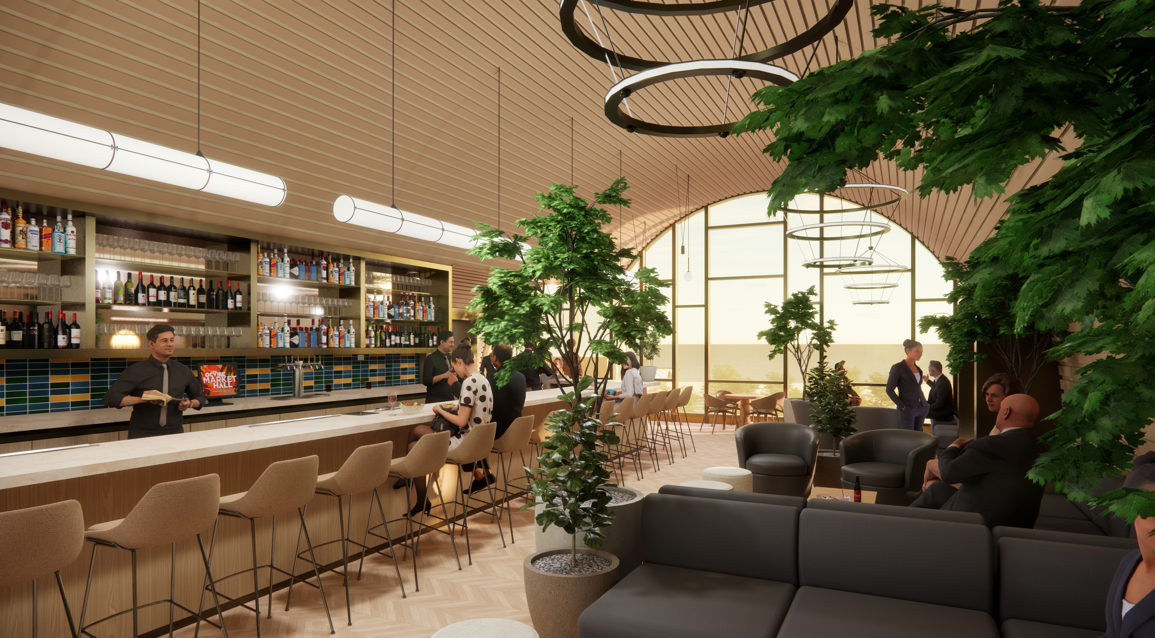 Rendering of The Barrel Bar, with an interior ceiling shaped...
