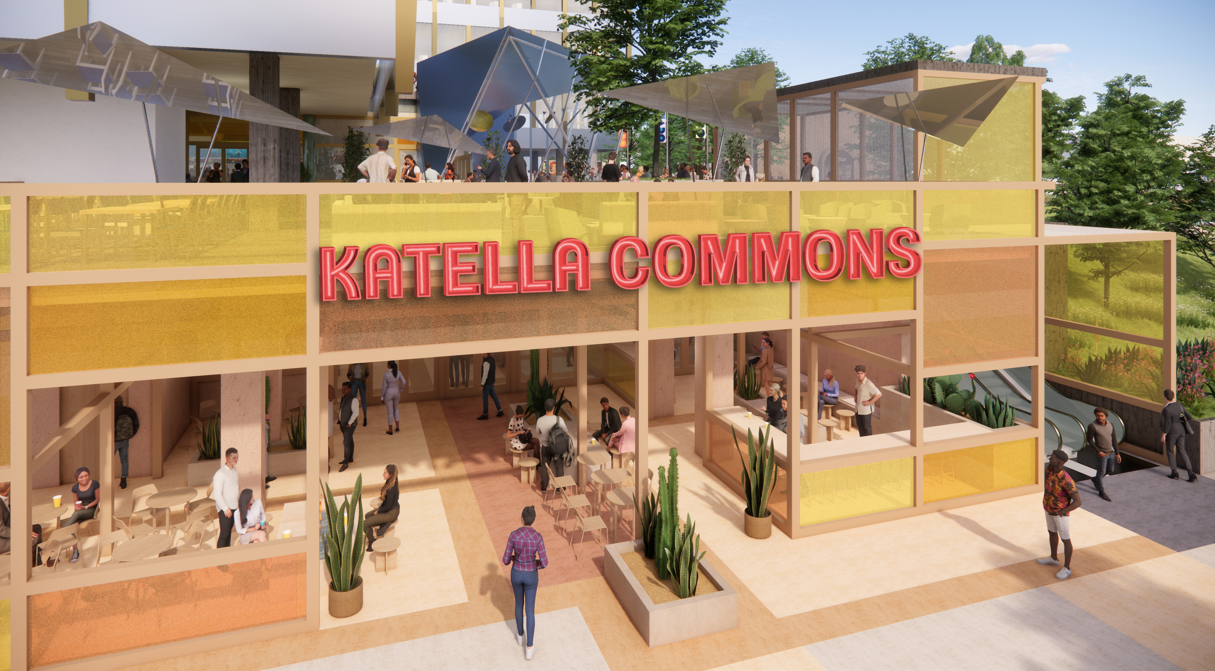 Rendering of exterior of Katella Commons with Rea’s Ranch inside....