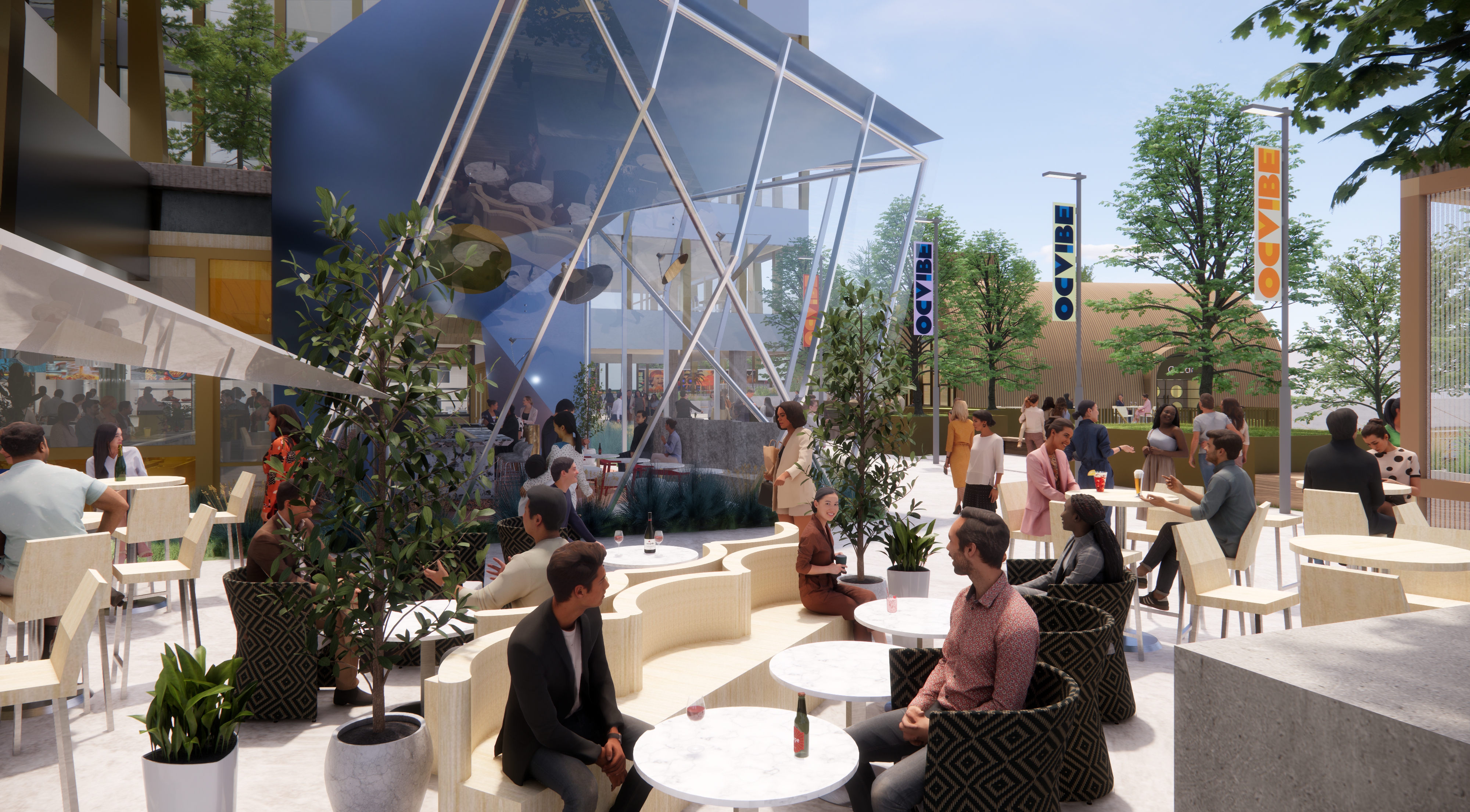 Rendering of the patio space at Katella Commons. (Image courtesy...