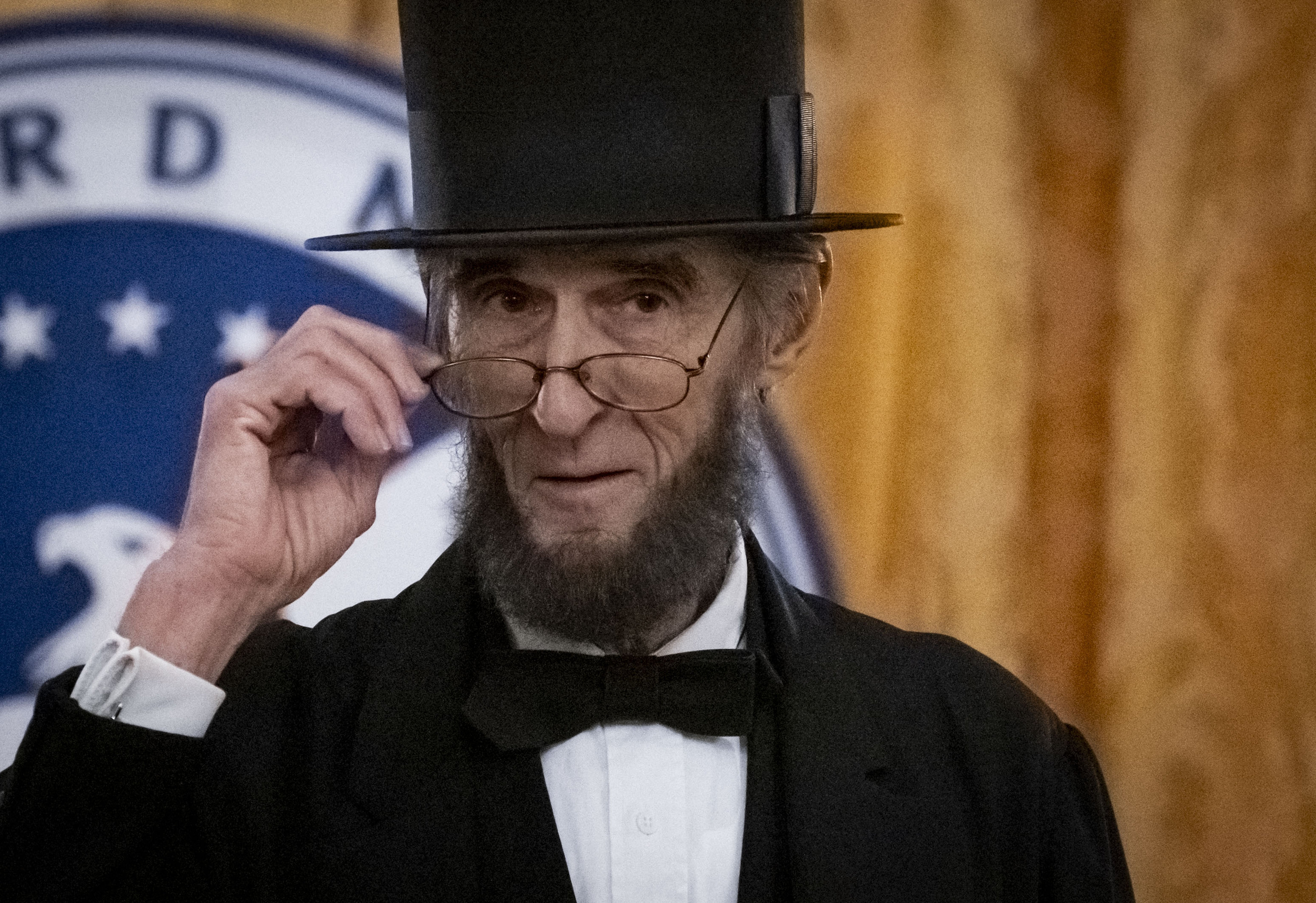 Abraham Lincoln, played by Robert Broski, gives a speech during...