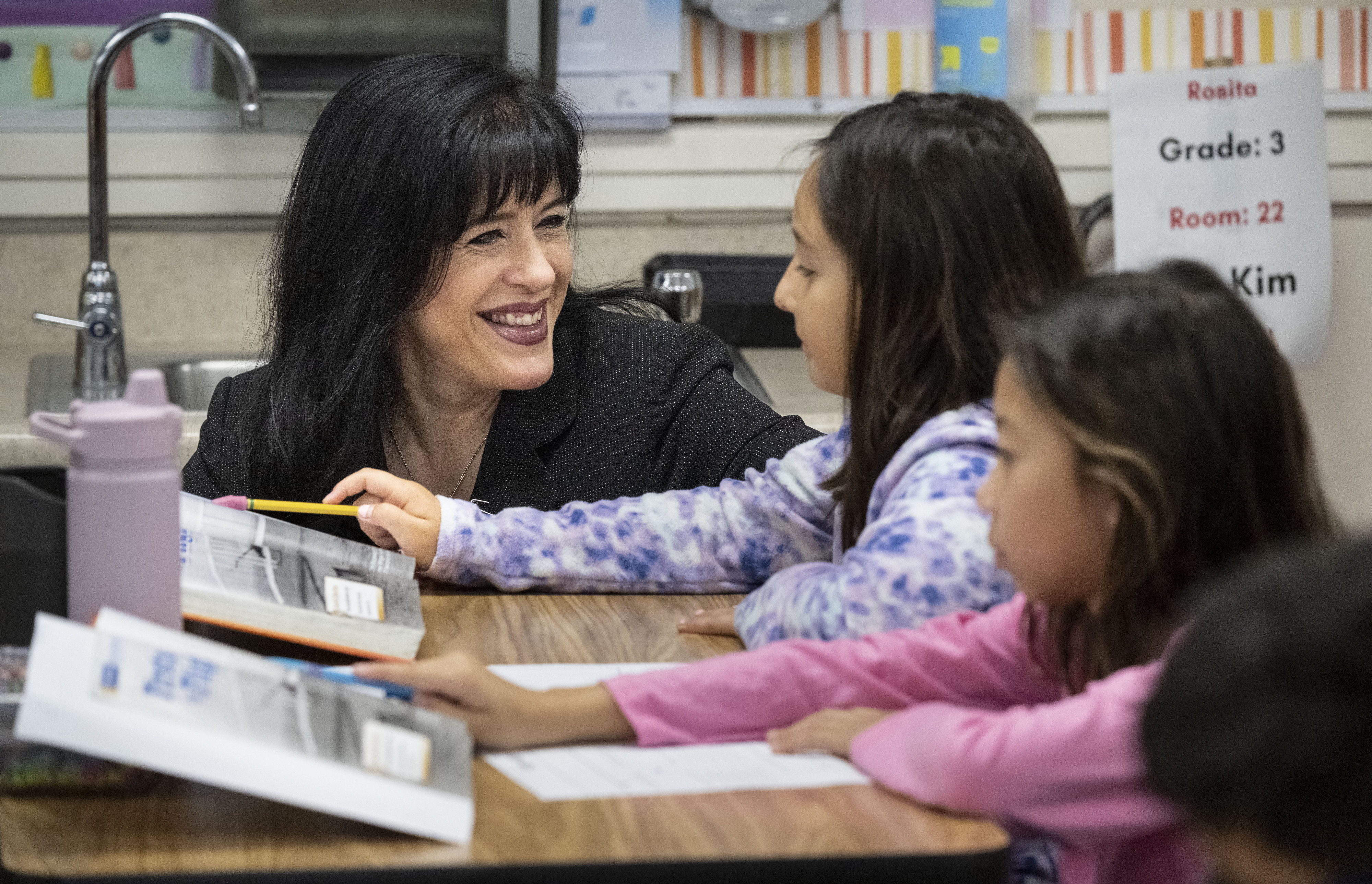 Garden Grove Unified School District Superintendent Gabriela Mafi talks with...