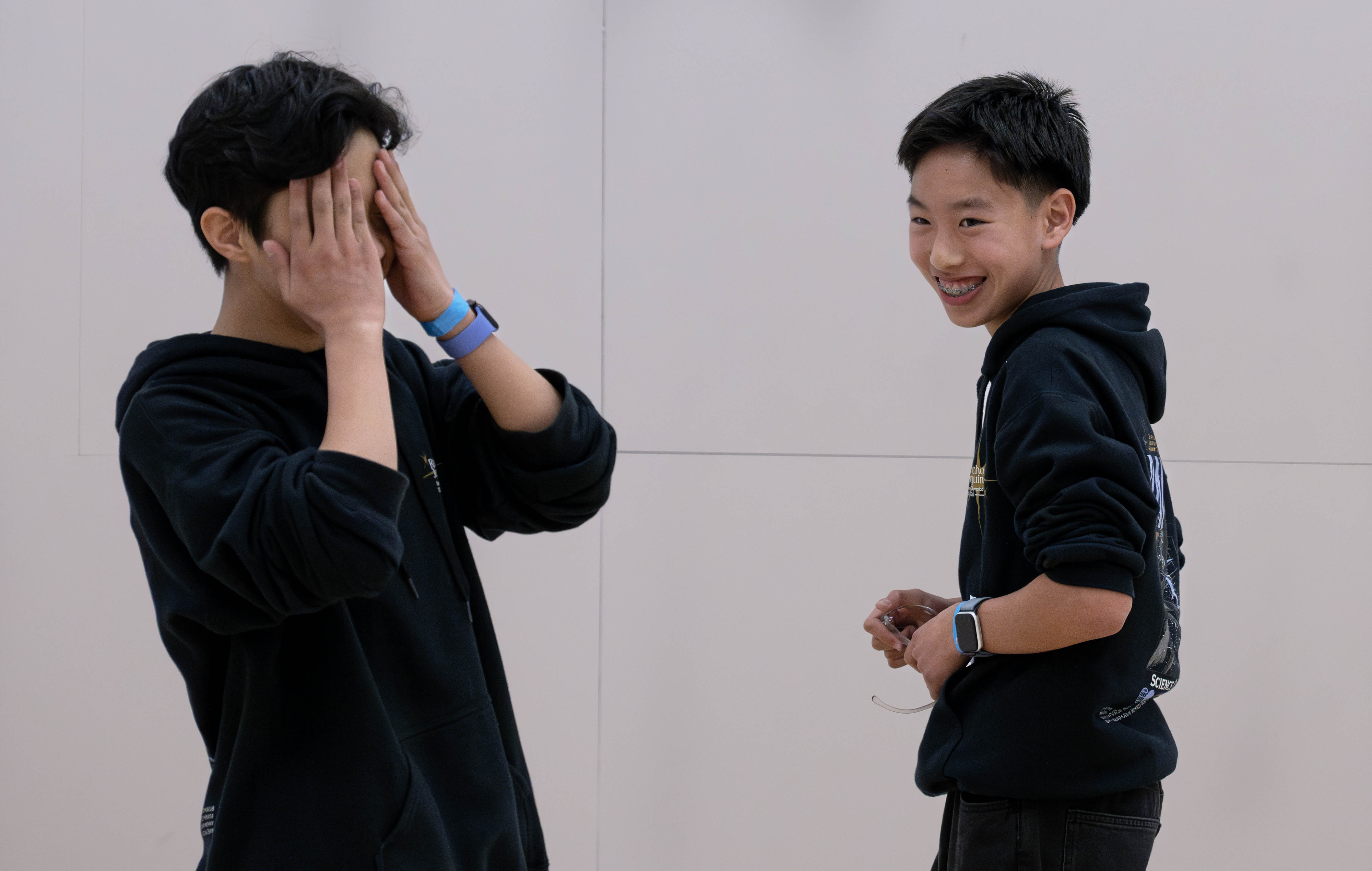 Suin Kim, left, and Jeremy Wang, both 13, from Rancho...