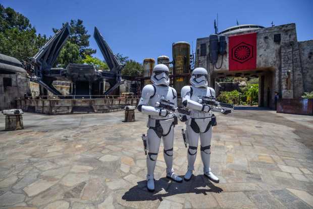 Storm Troopers guard an TIE Echillion fighter in Star Wars: Galaxy's Edge at Disneyland in Anaheim, CA, on Wednesday, May 29, 2019. (Photo by Jeff Gritchen, Orange County Register/SCNG)