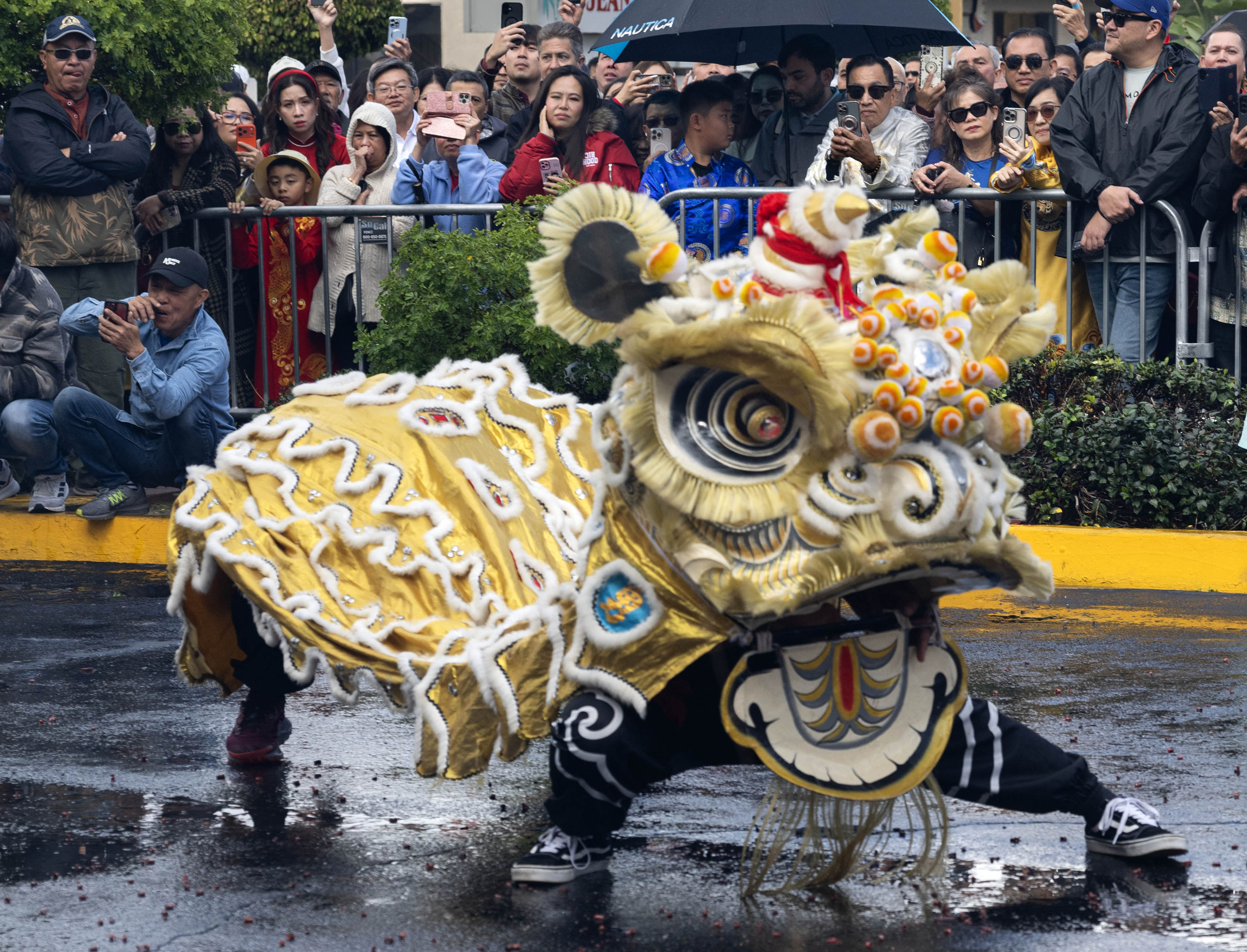 Lion dancers perform while celebrating the Year of the Fire...