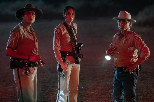 Zahn McClarnon as Joe Leaphorn and Jessica Matten as Bernadette Manuelito in "Dark Winds." (Photo Credit: Michael Moriatis/AMC)