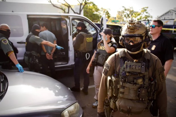 ICE officers conduct an immigration raid at Buona Forchetta, an Italian restaurant, in the South Park neighborhood of San Diego on May 30, 2025. (Photo courtesy of Pedro Rios)