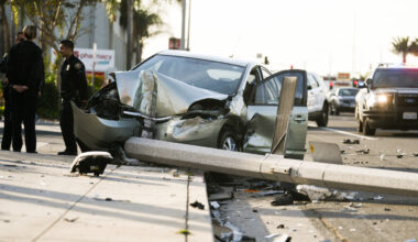 A car crashed into a pole on Pacific Coast Highway near Gundry Avenue on Monday, Dec. 2, 2019. Photo by Thomas R. Cordova.