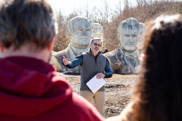 Fred Schneider addresses Saturday's visitors to the current site, where there's now a wait list. MUST CREDIT: Max Posner/For The Washington Post
