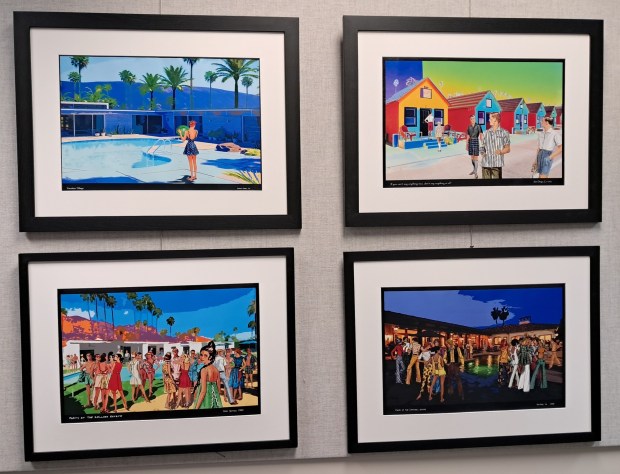 Four of the 23 artworks in John Linthurst's "Golden Age" series that uses vintage paper dolls and sewing pattern images as inspiration on exhibit in the Rancho Bernardo Library. (Elizabeth Marie Himchak)
