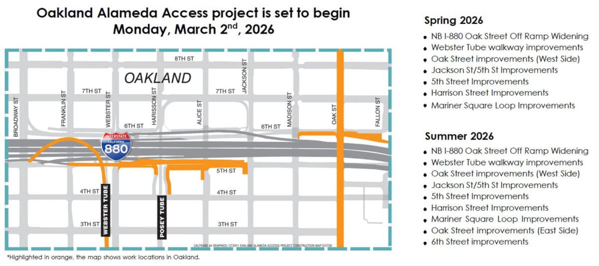 Alameda Post - A map of where the O.A.A.P. construction will take place with info on what will be completed in Spring and Summer 2026.