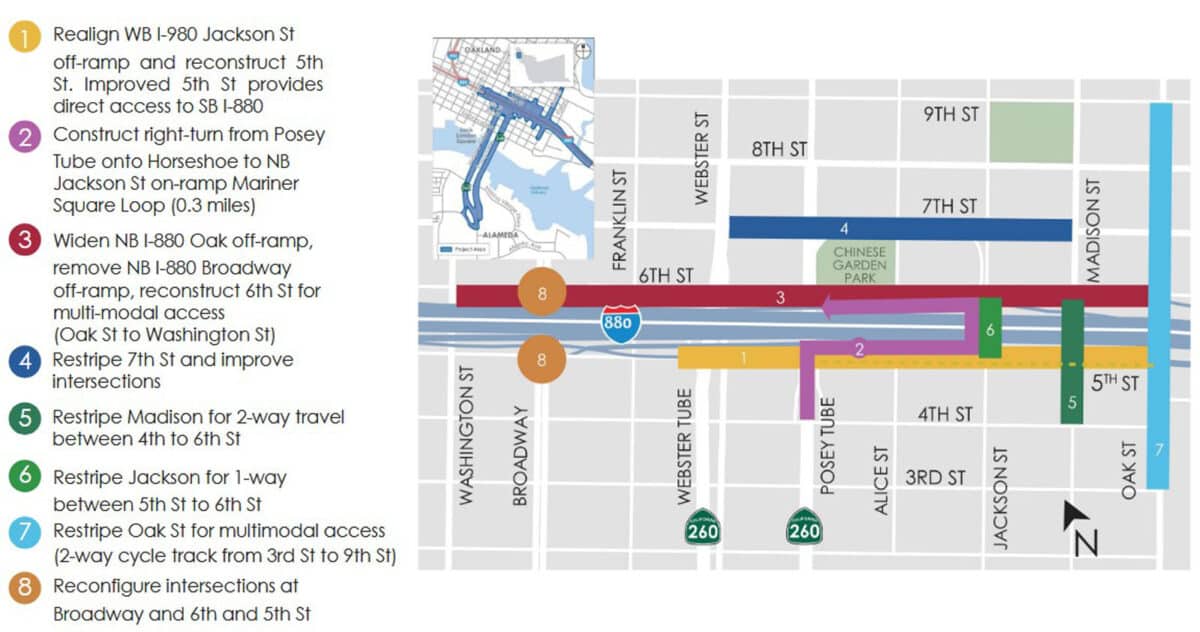 Alameda Post - A map of the parts of Downtown Oakland that will be affected by the Oakland Alameda Access Project, with information on how each street will be affected. 