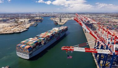 A OOCL containership docks at the Port of Long Beach
