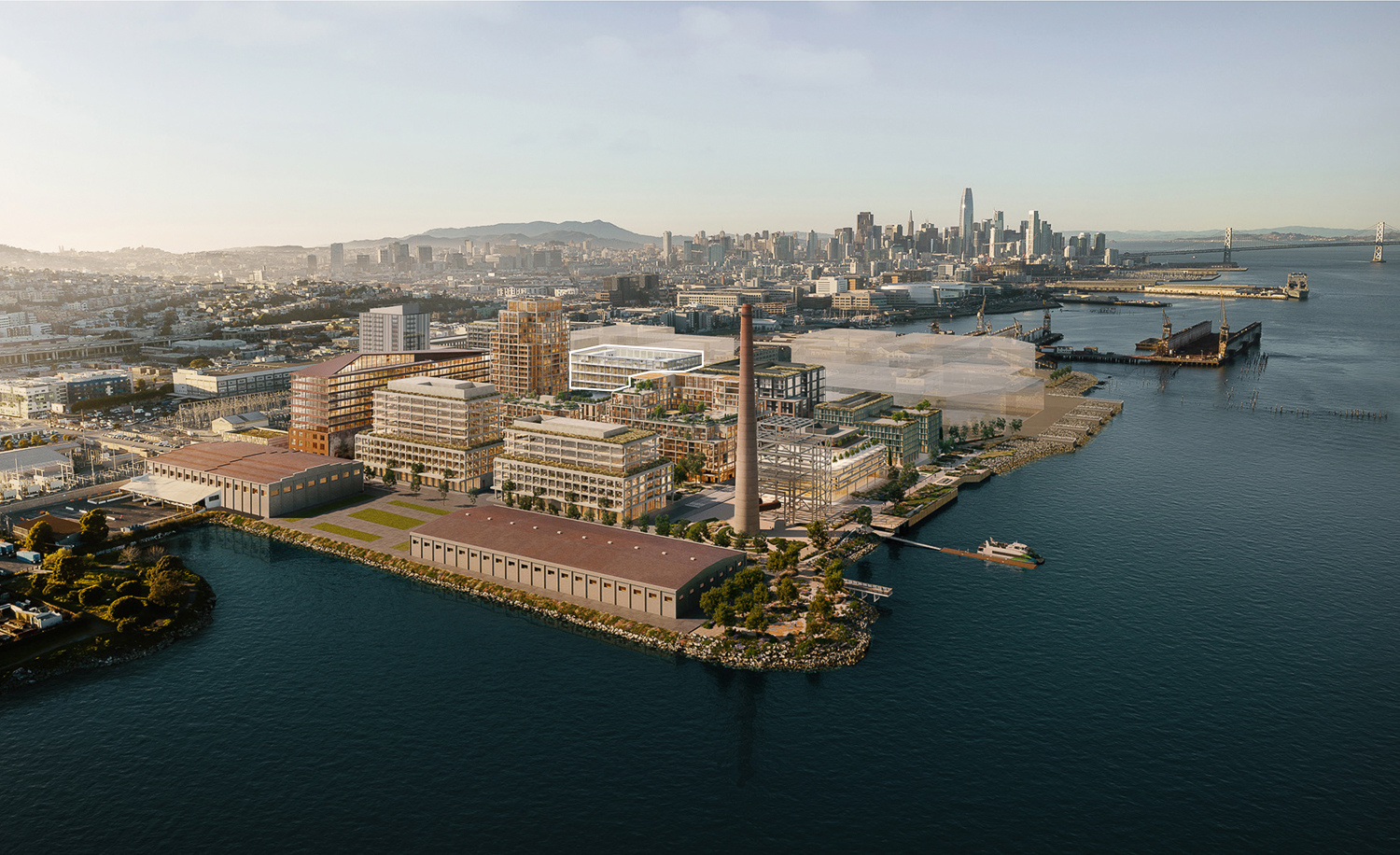 Potrero Power Station aerial view with Block 2 outlined in white, rendering by Herzog & de Meuron