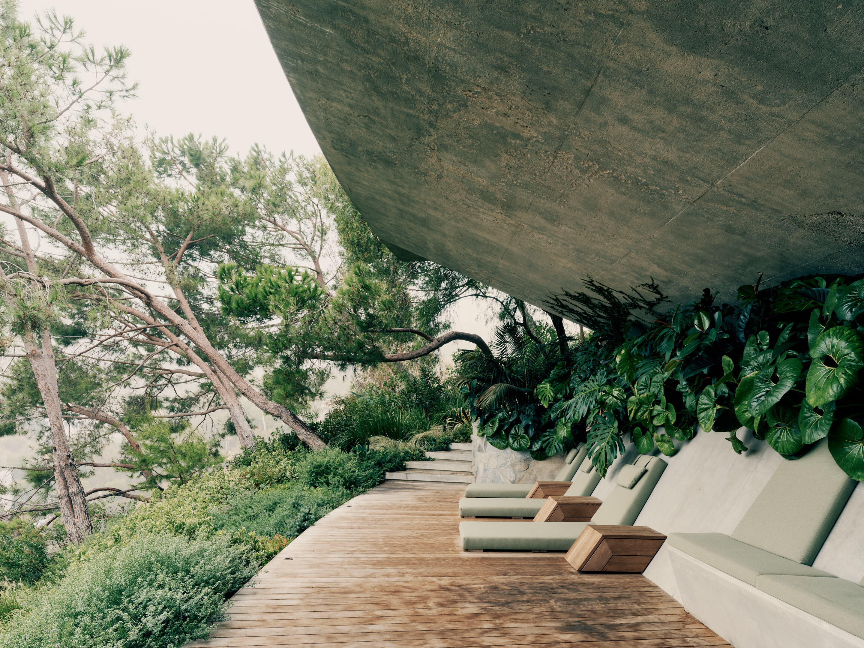 view of Lautner's Castle, a midcentury modernist house refreshed for the present day, showcasing arched timber, and stone and wood surfaces among greenery