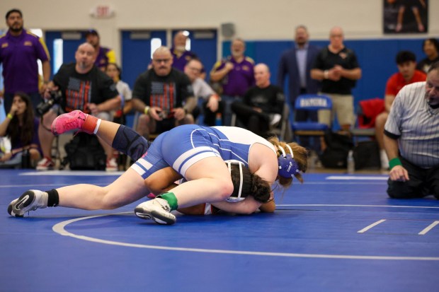 Ramona High School senior Kaitlyn Peck secured a win by pin over the No. 1 seed, Yarely Vasquez of Imperial High School an opponent she had previously lost to earlier in the season. Peck also advances to Masters. (Stephanie Ogilvie)