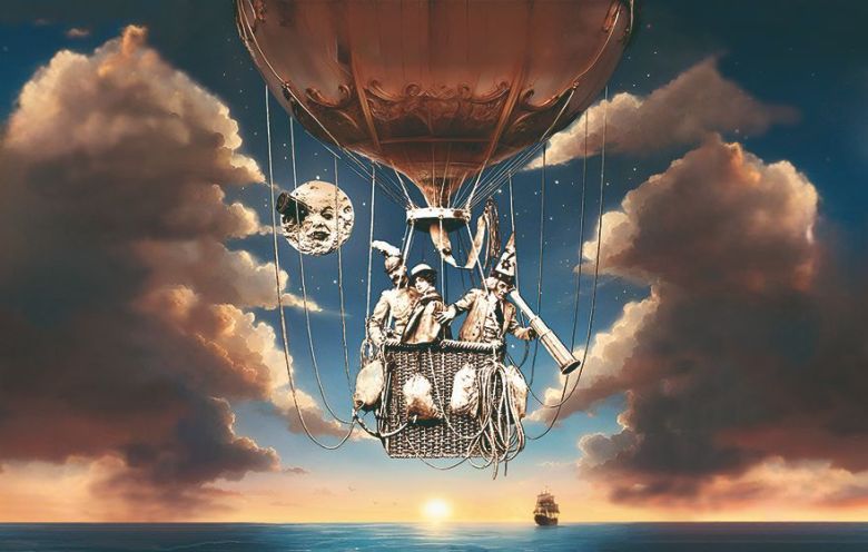 An old-style illustration of people in a hot air balloon floating above the sea