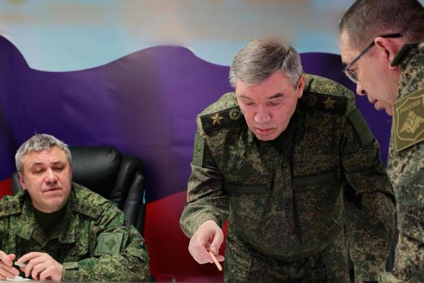 Russian Chief of General Staff Gen. Valery Gerasimov speaks while inspecting troops.