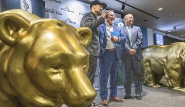 Sacramento State President Luke Wood, Cal Expo CEO Tom Martinez and Sac State Athletics Director Mark Orr. Sacramento State’s push toward FBS and higher-profile athletics can drive applications, donor support and school pride, offering broad reputational gains.