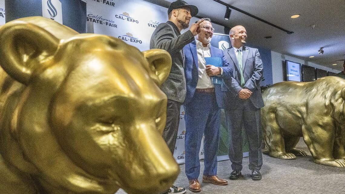 Sacramento State President Luke Wood, Cal Expo CEO Tom Martinez and Sac State Athletics Director Mark Orr. Sacramento State’s push toward FBS and higher-profile athletics can drive applications, donor support and school pride, offering broad reputational gains.
