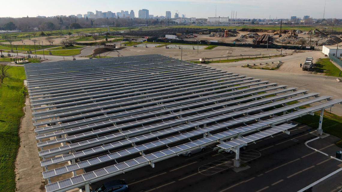 Elimination of import tariffs could reduce the cost of solar panels. This is a solar panel-covered parking lot at Sutters Landing Park as seen in January 2022.