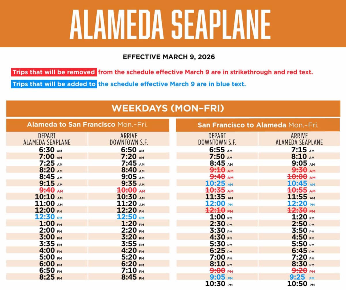 Alameda Post - The new Alameda Seaplane ferry schedule effective March 9, 2026. 