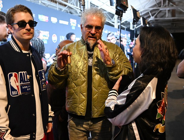Guy Fieri talks about being a Raiders fan during Super Bowl weekend on the red carpet at Shaq's Fun House in the Cow Palace in Daly City on Friday, Feb. 6, 2026. (Chris Riley/Times-Herald)