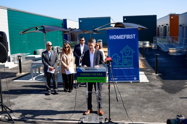 San Jose Mayor Matt Mahan speaks during a press conference at last emergency interim housing site at the VTA's Cerone Yard in San Jose, Calif., on Thursday, Feb. 5, 2026. (Shae Hammond/Bay Area News Group)