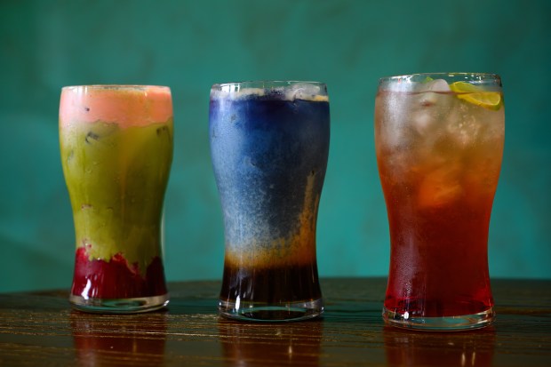 A Raspberry matcha latte, from left, an Ocean iced latte, and a Strawberry hibiscus cold brew are photographed at the ChaiAum tea shop In Pleasanton, Calif., on Thursday, Feb. 11, 2026. (Jose Carlos Fajardo/Bay Area News Group)