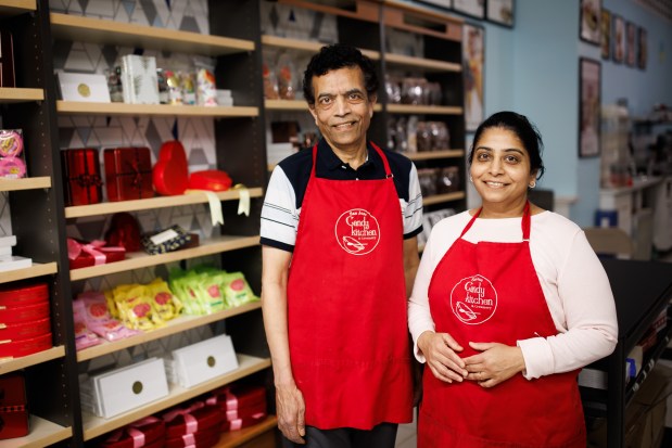 Ajay Patel, left, and his wife Falguni Patel of San Jose Candy Kitchen in their shop on Jan. 29, 2026, in San Jose, Calif. (Dai Sugano/Bay Area News Group)
