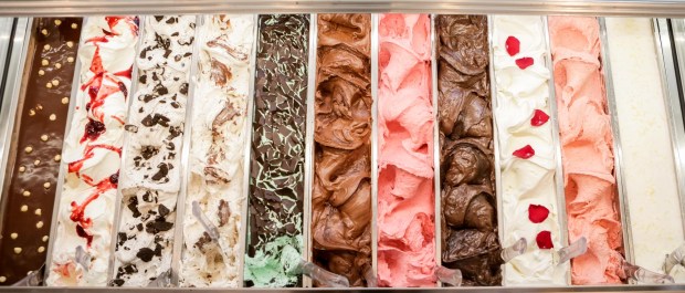 This seasonal array of gelato flavors at Bacio di Latte -- now available at Santana Row in San Jose and Stanford Shopping Center in Palo Alto --includes Vanilla Rose with rose petal garnishes. (Photo courtesy of Bacio di Latte)