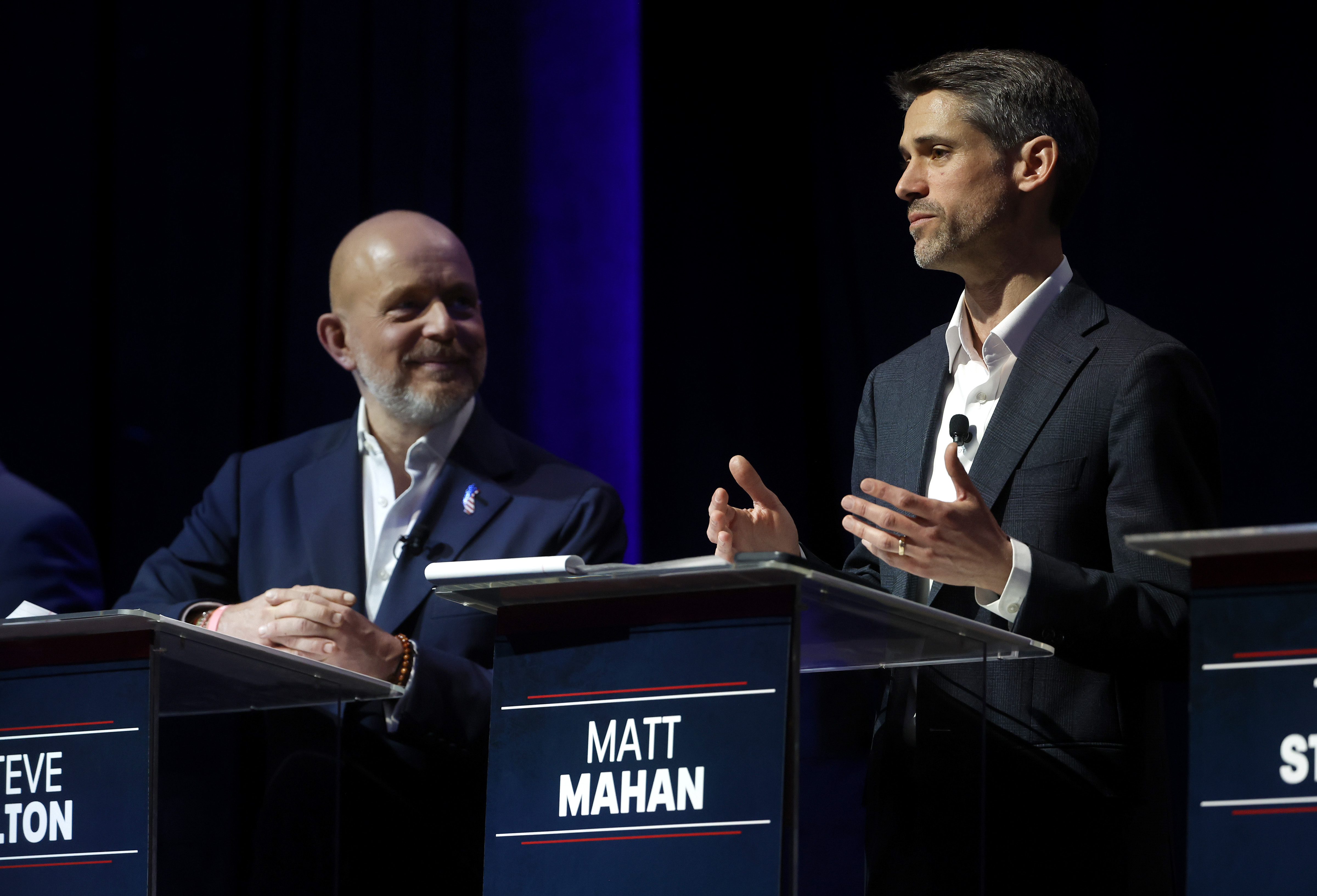 Gubernatorial candidate Matt Mahan, right, San Jose mayor, responds to...