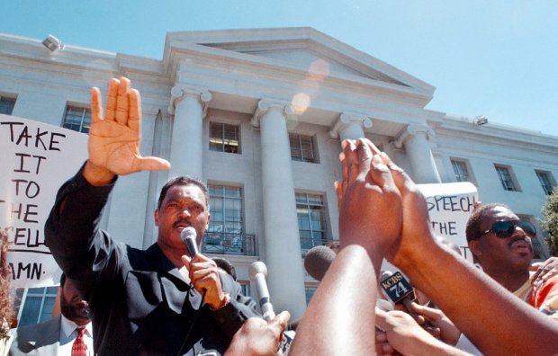 In August of 1997, Jesse Jackson and supporters of affirmative action pray for change as Jackson spoke at Sproul Plaza as a preview to his walk on Thursday across the Golden Gate Bridge.(Photo by Mary F. Calvert/ Tribune Archives)