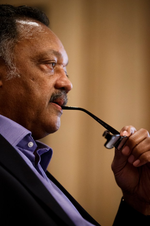 Rev. Jesse Jackson talks with the editorial staffs of Bay Area News Group on Feb. 20, 2014 at San Jose Mercury News. (Dai Sugano/Bay Area News Group)