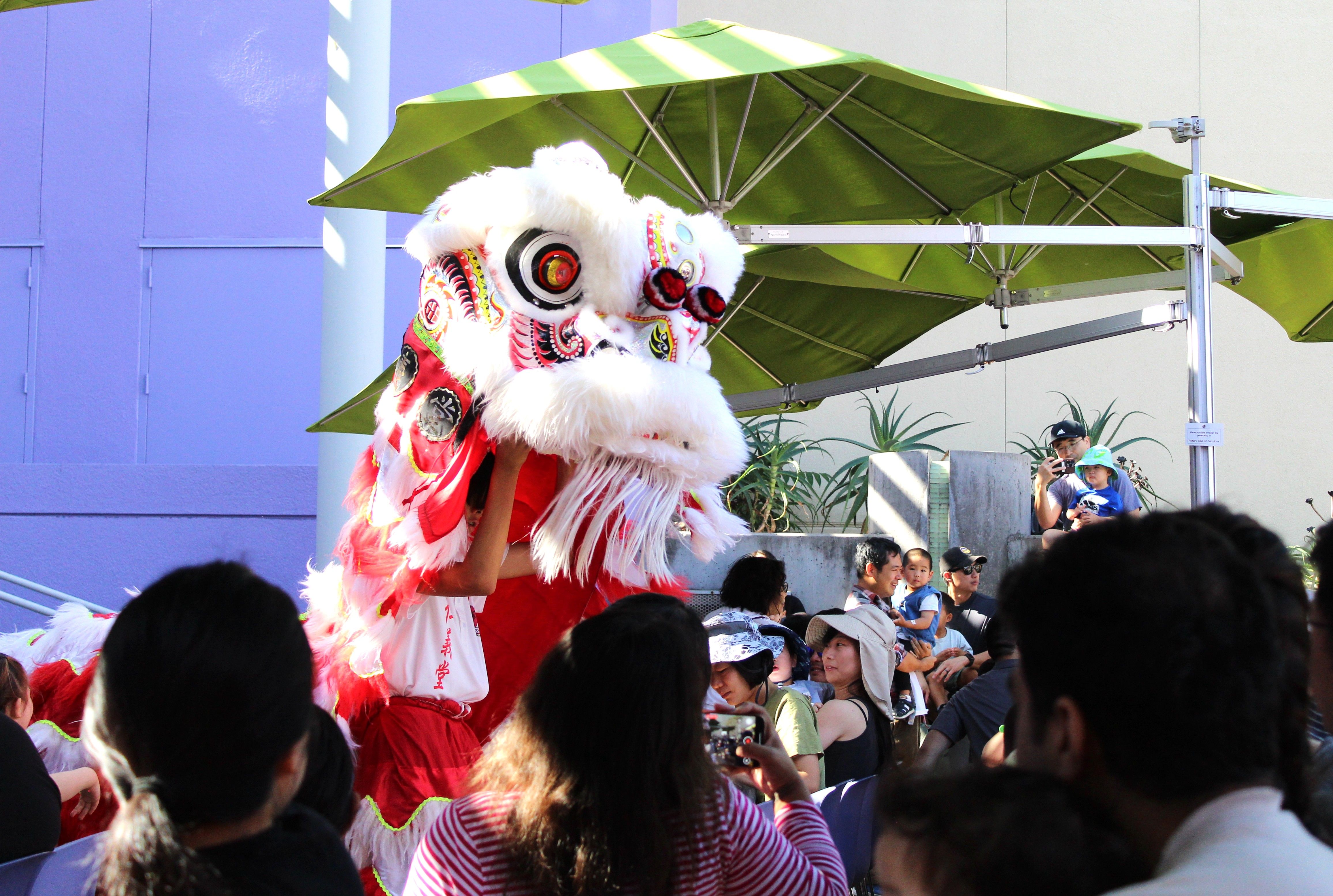 Lion dancers roam through the large crowd gathered for the...