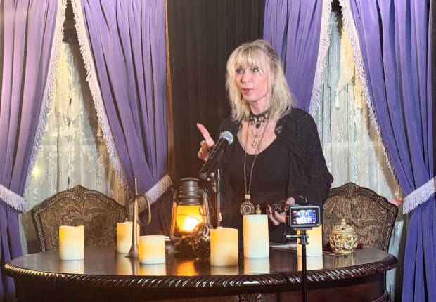 Psychic medium Patti Negri talks about the different energies for Super Bowl LX teams, the Seattle Seahawks and New England Patriots, during an event at the Winchester Mystery House in San Jose on Wednesday, Feb. 4, 2026. (Sal Pizarro/Bay Area News Group)
