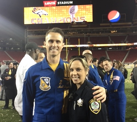 Blue Angels pilot Matt Suyderhoud and Santa Clara Police officer Laura Larsen pose at Levi's Stadium during Super Bowl 50. (Courtesy Lauren Suyderhoud)