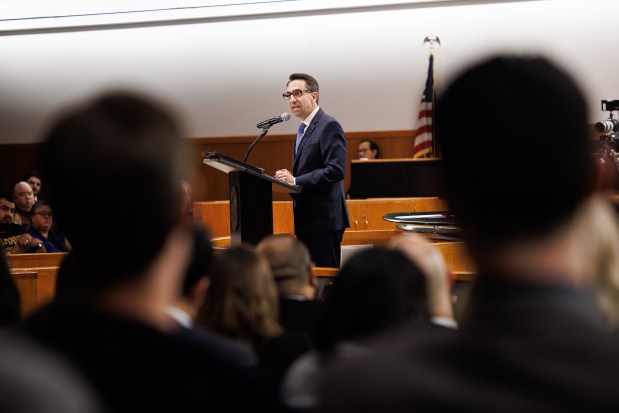 Santa Clara County District Attorney Jeff Rosen speaks at his annual state of the office on Tuesday, Feb. 17, 2026, in San Jose, Calif. Rosen outlined the impact of looming budget cuts on victim services and high-profile criminal investigations and prosecutions. (Dai Sugano/Bay Area News Group)