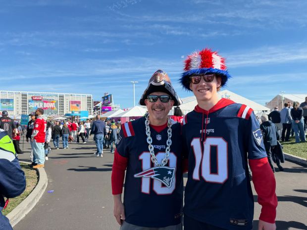 Jason McCall, 50, and Dylan McCall, 19, a father and son from North Attleboro, Mass. traveled together for the Super Bowl Jason's ninth, and Dylan's first at Levi's Stadium in Santa Clara, Calif., on Sunday, Feb. 8, 2026. (Caelyn Pender/Bay Area News Group)